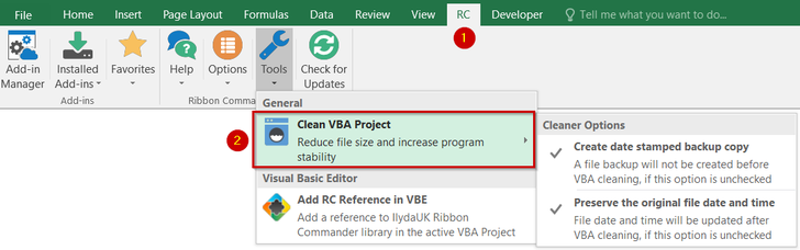 Clean your VBA projects from Ribbon Commander's Tools menu