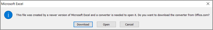 This file was created by a newer version of Microsoft Excel and a converter is needed to open it