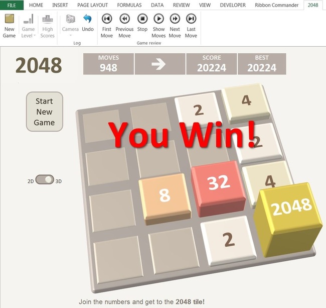 2048 Game in Excel 3D