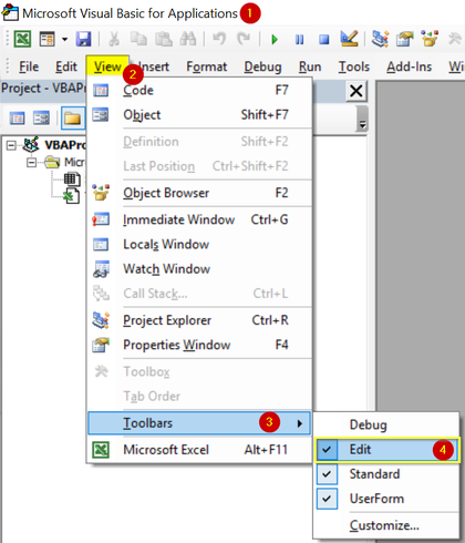 How to add the Edit Toolbar in Visual Basic Editor